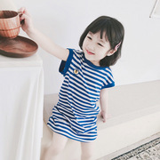 女童蓝色条纹纯棉T恤裙韩系童装2023夏款儿童洋气海军风无袖直筒T