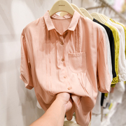 小窄翻领上衣女装夏款衬衫2024粉色短袖衬衣褶皱线条纯色法式