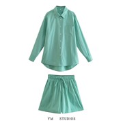 欧美风夏季绿色条纹衬衫两件套宽松长袖开衫，+松紧腰休闲热裤短裤