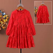 高档中国红亲子装蕾丝连衣裙，2023春秋洋气儿童，公主裙长袖母女装裙