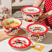 带盖陶瓷泡面碗家用日式大号汤碗卡通拉面碗沙拉碗可爱风学生饭碗