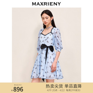 maxrieny复古蝴蝶结飘带，设计感波点连衣裙秋季甜美少女，感印花裙子