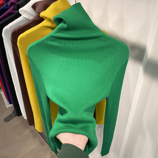 欧货高领羊绒针织衫女秋冬内搭厚款绿色打底衫，2024堆堆领毛衣