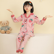 女童睡衣春秋纯棉长袖，薄款翻领草莓熊卡通(熊卡通)可爱大童套装空调家居服