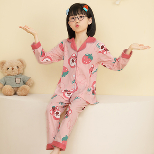女童睡衣春秋纯棉长袖薄款翻领草莓熊卡通可爱大童套装空调家居服