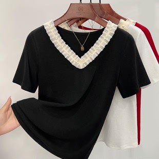 法式v领短袖t恤女夏季设计感小众修身显瘦小衫半袖冰丝上衣