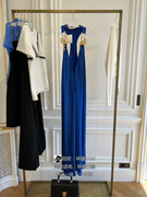 法国巴黎schiaparelli夏帕瑞丽宝蓝色金属装饰v领长款连衣裙