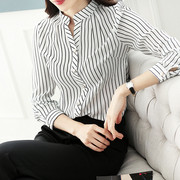 黑白条纹衬衫女2022春秋雪纺，韩版修身百搭大码职业装长袖衬衣
