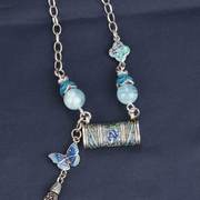 1575银烧蓝滴胶工艺银锁海蓝宝锁骨链项链原创设计民族风链子女
