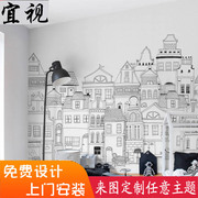 手绘欧式建筑儿童房，壁纸简约黑白构图背景墙，壁纸男女孩卧室壁画