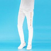中国风原创文字牛仔裤男潮牌，个性弹力韩版修身小脚裤白色刺绣