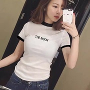 2024半高领白色短袖T恤女字母印花韩版拼接紧身打底体恤女潮