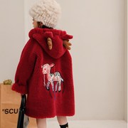 儿童皮草外套羊毛宝宝pu皮毛，一体女童羊羔毛冬季(毛，冬季)红色毛毛大衣