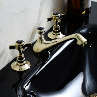 美景卫浴英式复古8寸三孔分体式面盆水龙头黑色陶瓷标识手柄