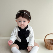 韩版ins婴幼儿假两件连体衣女宝宝小香风毛织，棉线哈衣爬服包屁衣