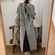 韩国高级感灰色双面羊绒大衣女秋冬双排扣羊毛呢子外套中长款加厚