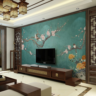 定制3d新中式电视背景墙壁纸梅花古风大气壁布客厅影视墙壁画墙布