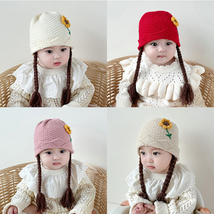 宝宝帽子可爱假发辫子帽秋冬季加厚保暖套头，护耳帽公主女婴幼儿潮