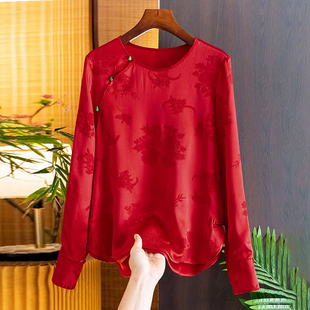 新中式红色提花圆领真丝衬衣女春季国风复古气质长袖衬衫上衣