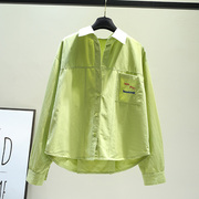 果绿色设计感短款长袖棉布衬衫女2024春季韩版宽松小个子上衣