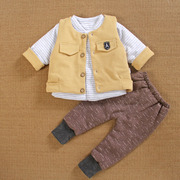 0一6个月2男宝宝装外穿分体春秋款3婴儿薄夹棉衣服马甲三件套装季