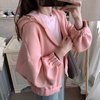 小个子短款卫衣外套，女2023年秋季粉红色，连帽百搭上衣