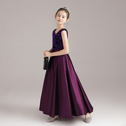 女童深紫色亮片钢琴礼服公主裙演出服小学生韩版收腰V领表演长裙
