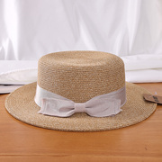 草帽女士夏天法式平顶，礼帽时尚蝴蝶结，防晒太阳帽沙滩帽草编遮阳帽
