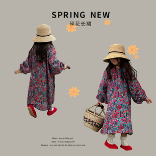 韩版女童复古碎花连衣裙2024春装洋气长袖裙子儿童时尚棉布长裙子