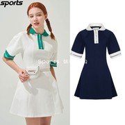 韩国kandini高尔夫球裙，23女golf拼色翻领，短袖喇叭连衣裙