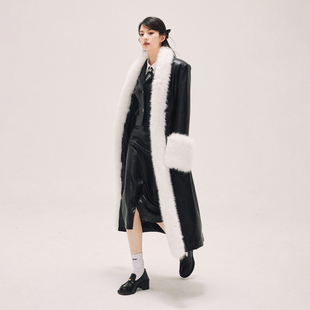htcu茉拉原创设计毛绒拼接收腰皮草大衣，皮风衣女冬季皮衣外套