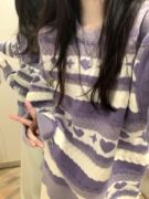 紫色毛衣女冬季设计感小众日系慵懒风复古条纹针织衫圆领上衣