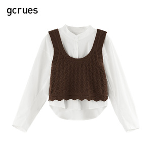 gcrues针织马甲套装白色衬衫2024春装设计感上衣女毛衣两件套
