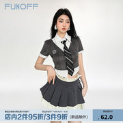 FUNOFF 心动学院#格雷系灰色拼接高腰百褶半身短裙假两件短袖套装