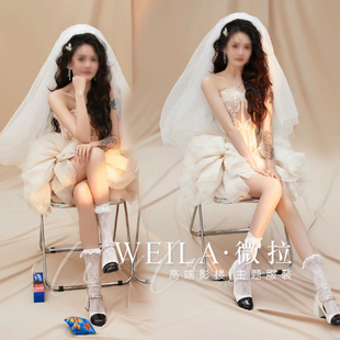 韩式婚纱情侣写真抹胸，香槟色仙女小短裙，礼服影楼主题拍摄服装