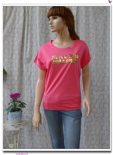 夏季套头甜美粉红色圆领连肩修身蝙蝠袖金色字母，短袖棉质t恤衫