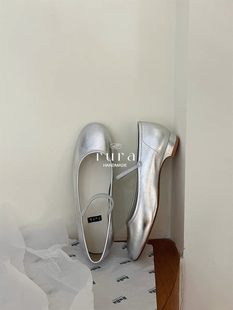 rura银色单鞋法式芭蕾舞鞋子女2024年春季圆头一字扣玛丽珍鞋