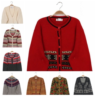 vintage古着孤品日本春羊毛，复古文艺费尔岛毛衣，开衫雪花条纹色块