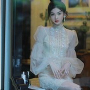 越南小众重工蕾丝刺绣，网纱泡泡袖钉珠连衣裙名媛，气质公主生日礼服