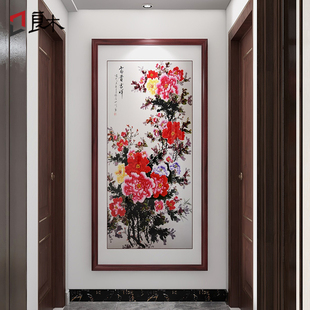 新中式玄关装饰画牡丹花挂画入户正对门壁画客厅，花开富贵国画手绘
