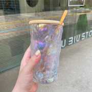 杯子高级感精致彩虹磨砂玻璃杯子带盖勺果汁杯饮料杯家用水杯女生