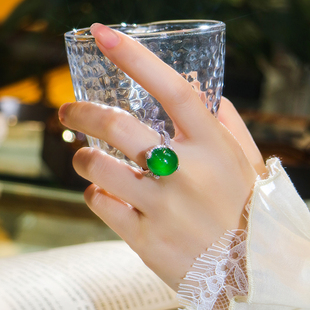 黛玥纯银镶天然玉石指环玛瑙玉髓戒指媲美翡翠阳绿个性时尚女