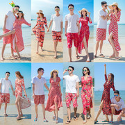 沙滩情侣装两件套装连衣裙海边蜜月，裙度假泰国三亚裹身裙条纹长裙