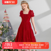 艾丽丝2024新年夏季中长款连衣裙女红色短袖，网纱蕾丝公主裙子