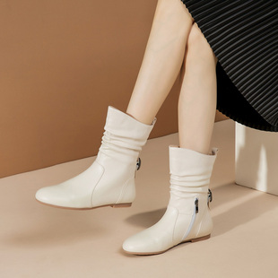 平底短靴女真皮今年流行的靴子休闲舒适白色马丁靴头层牛皮中筒靴