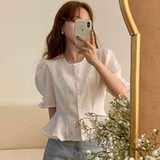 韩国chic夏季法式优雅圆领单排扣暗纹，提花喇叭袖荷叶边衬衫上衣女