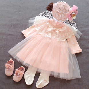 秋装婴儿公主百天长袖礼服，裙套装女宝宝，纯棉衣服1周岁网纱连衣裙