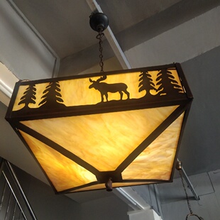 欧美田园麋鹿新奇特咖啡厅创意四方灯LED灯木艺天花铁艺玻璃吊灯