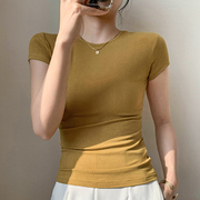 纯棉圆领紧身T恤女短袖2023夏季简约百搭打底衫显身材上衣