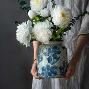 景德镇手绘花瓶陶瓷复古青花，喜陶罐中式插花客厅家居装饰摆件简约